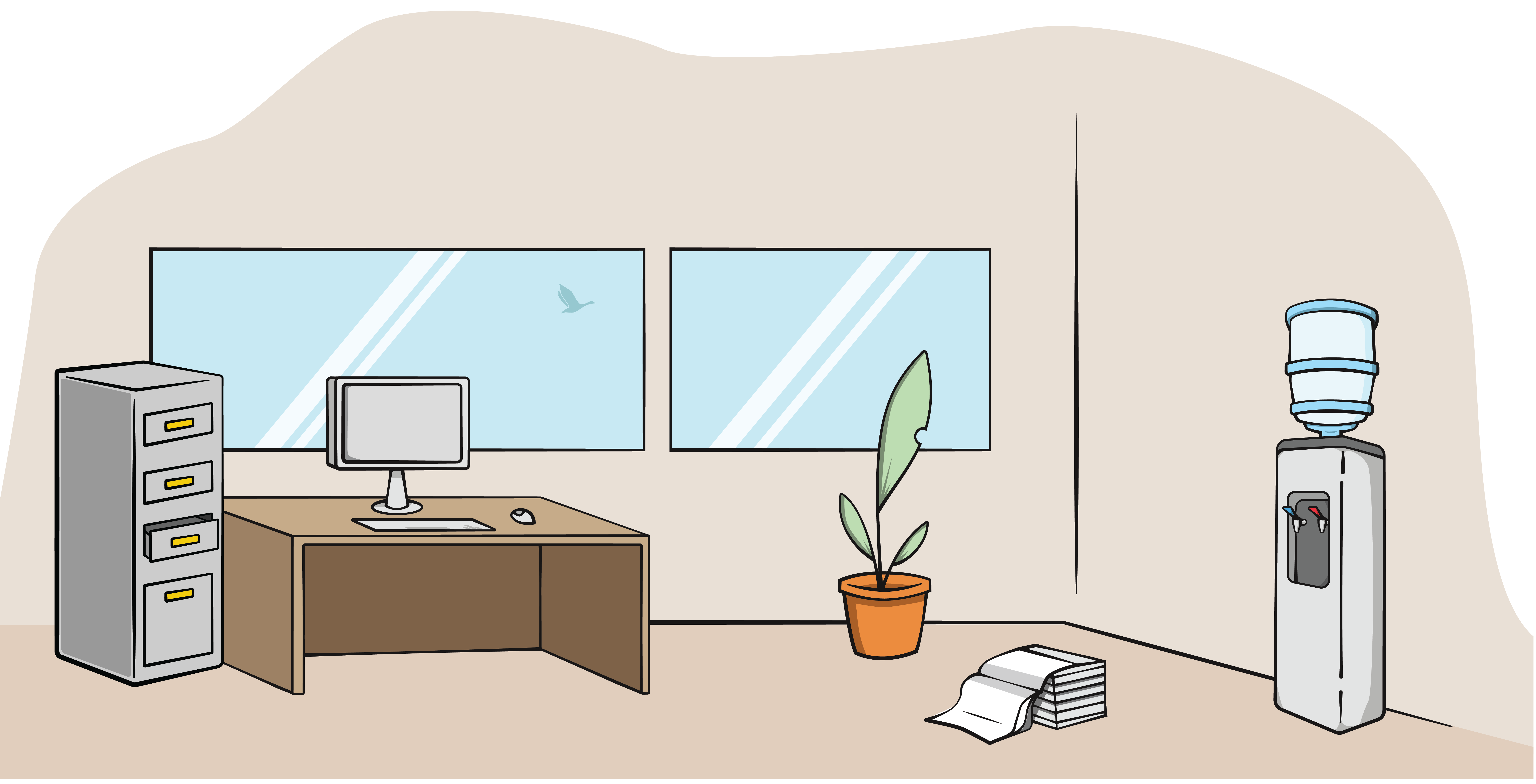 Illustrated office scene with filing cabinet, desk, floor plant and water cooler